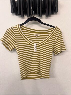 Madewell Olive & White Striped V-Neck Ribbed Crop Top
